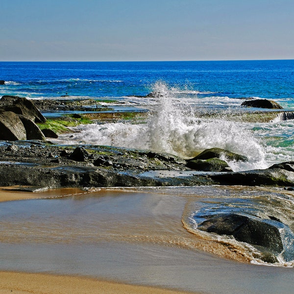 Green Waves beach water ocean waves gushing blue sand rocks exciting sky horizon shore blue