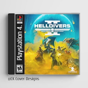 May include: A video game cover for Helldivers 2 for the Playstation 4. The cover features a blue and yellow background with a skull and crossbones logo. The game is rated M for Mature.