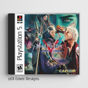 May include: A video game cover for Playstation 5 featuring the text "Devil May Cry 5 Special Edition" with three characters in the background. The characters are in front of a black panther with a green and blue background.