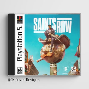 May include: A retro-style video game cover for Saints Row, featuring a character holding a rifle and sitting on a giant, rusty, cartoon head wearing a cowboy hat. The cover is for the Playstation 5 console and has a mature rating.