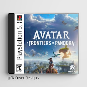 Puede incluir: Una caja de juego de PlayStation 5 con una imagen de un paisaje azul y verde con una mujer de pie sobre una roca. El título del juego es "Avatar: Frontiers of Pandora" con el logotipo de Ubisoft en la esquina inferior derecha.