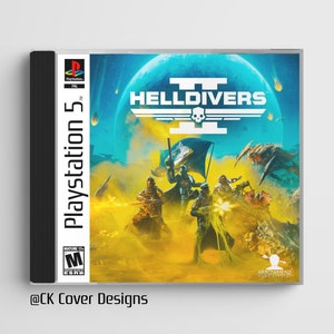 May include: A video game cover for Helldivers II for the Playstation 5. The cover features a blue and yellow background with a group of soldiers in the foreground. The game title is in white letters with a skull and crossbones logo. The game is rated M for Mature.