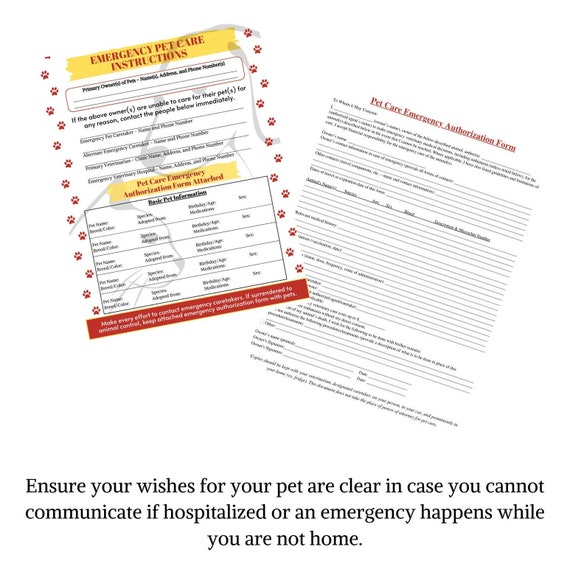 Pet Care Emergency Information and Authorization Form Etsy