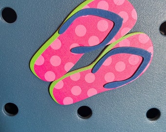 Hot pink polka dot flip flops Bogg Bag button charm