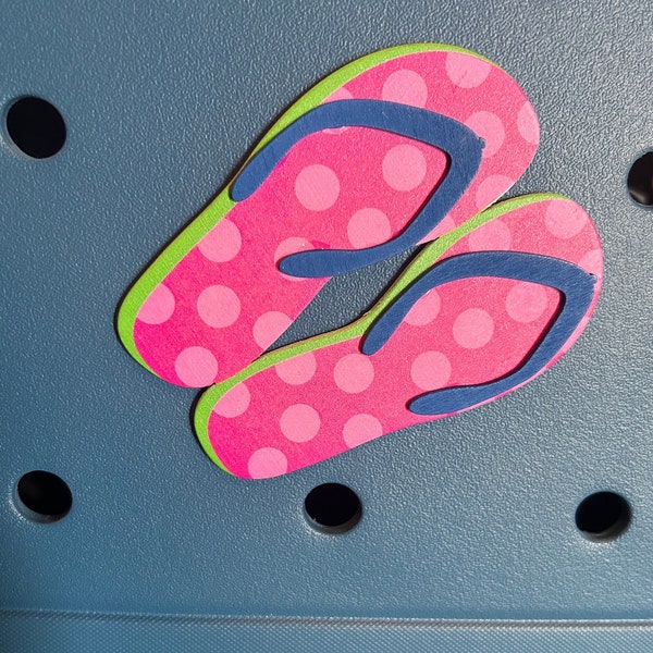 Hot pink polka dot flip flops Bogg Bag button charm