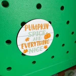 May include: A round, white wooden sign with the text "PUMPKIN SPICE AND EVERYTHING NICE" in orange and green lettering. The sign features a pumpkin and fall leaf graphics. The sign is attached to a bright green tote bag.