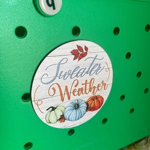 May include: A green storage bin with a round, white sticker that says "Sweater Weather" with a fall-themed design of pumpkins and leaves.