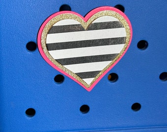 Hot Pink, Gold glitter, Black and White stripped heart Bogg Bag button charm