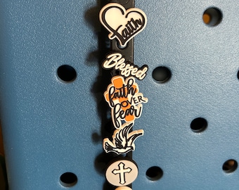 Spiritual themed Bogg Bag Keychain with blessed, doves, cross, and faith heart charms