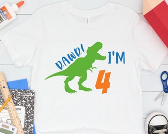 Rawr I'm 4, 4th Birthday Dinosaur Shirt, Four Years Old, Fourth Birthday Tee, Dino Shirt,Boys Dinosaur Party, Funny Birthday Shirts for Kids