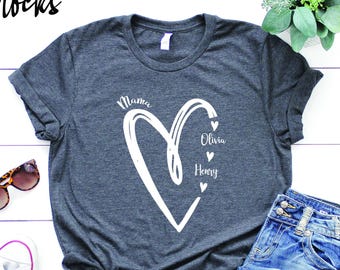 Custom Mama Shirt, Personalized Mom Shirt, Shirt with Kids Names, Gift for Mom Mama, Mom Heart Shirt, Custom Grandma Shirt,Mother's Day Gift