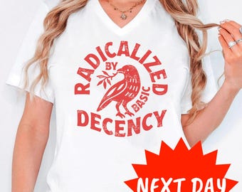 Radicalized By Basic Decency Vneck T-shirt, Political Protest V-Neck Tee, Feminist Activist Vneck Tshirt