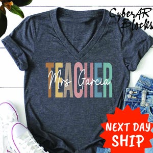 Personalized Teacher Vneck Shirt, Teacher Vneck Shirt, Custom Teacher Name Tee, Teacher Christmas Gift