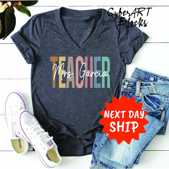 Personalized Teacher Vneck Shirt, Teacher Vneck Shirt, Custom Teacher Name Tee, Teacher Christmas Gift, Teacher Appreciation Gift