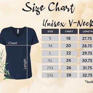 The image is a size chart for a navy blue v-neck t-shirt, providing measurements for chest, waist, and length.