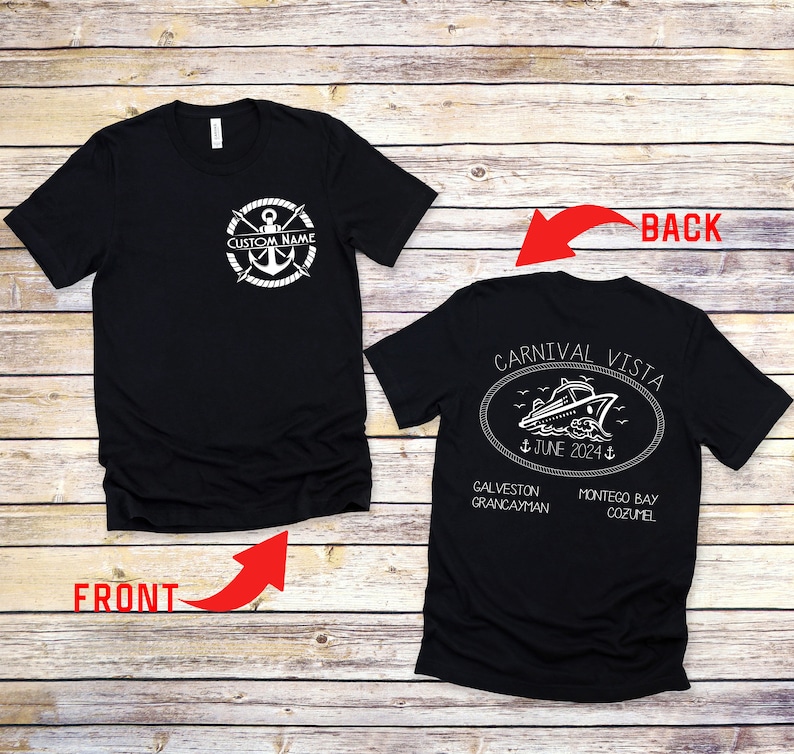 a black t - shirt with a picture of the back and front of the shirt