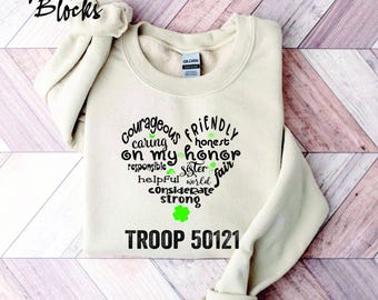 Custom Scout Troop Sweatshirt, Heart Scout Sweatshirt, Personalized Troop Scouts Crewneck, Scout Gift, Scouts Team Sweatshirt, Camping Girl