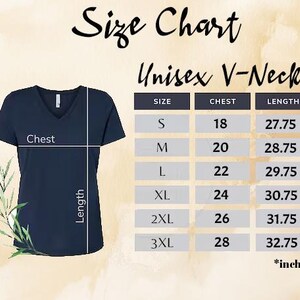 The image is a size chart for a navy blue v-neck t-shirt, providing measurements for chest, waist, and length.