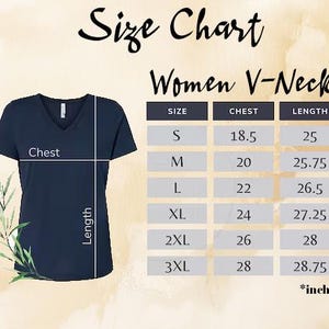 a size chart for women's V-Neck T-shirts, providing measurements for chest, length, and size.