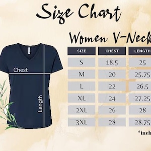 a size chart for women's V-Neck T-shirts, providing measurements for chest, length, and size.