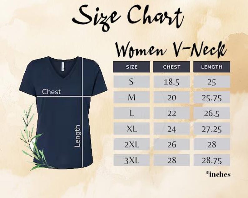 a size chart for women's V-Neck T-shirts, providing measurements for chest, length, and size.
