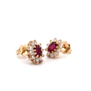 Estate Ruby and Diamond Halo Stud Earrings in 14kt Gold