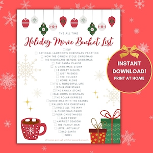 Holiday Movie Bucket List Printable Activity for Family Kids Adults Holiday Party Easy Christmas Activity Holiday Party