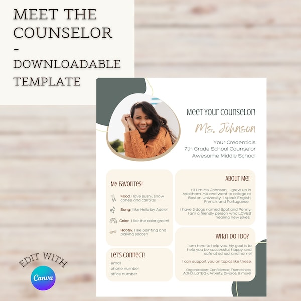 Meet Your Counselor - Editable Template - Flyer - Sage & Oatmeal