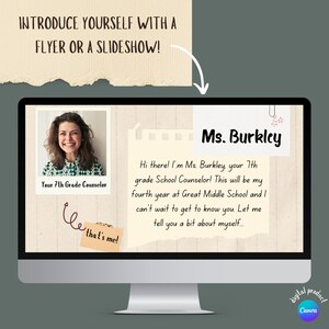 May include: A computer screen displaying a digital introduction for a 7th grade school counselor. The screen shows a photo of the counselor, Ms. Burkley, and a text box with a welcome message. The text reads: "Hi there! I'm Ms. Burkley, your 7th grade School Counselor! This will be my fourth year at Great Middle School and I can't wait to get to know you. Let me tell you a bit about myself..."