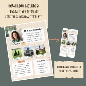 May include: A digital flyer template for a school counselor. The flyer features a photo of the counselor, a welcome message, and contact information. The flyer is designed to be printed or sent out via email.