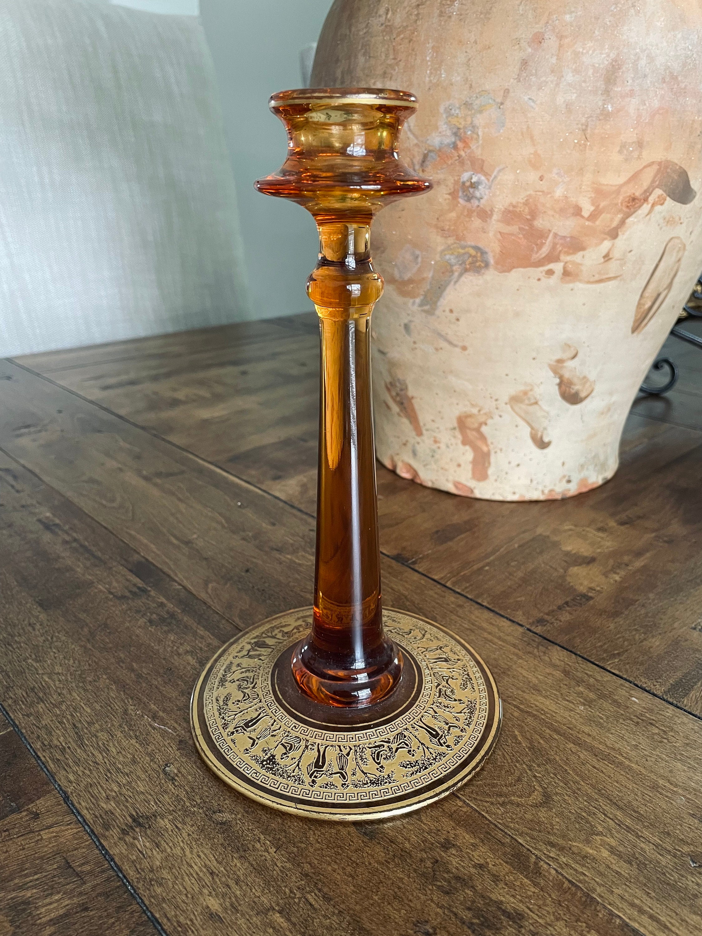 RARE Vintage Fostoria Etched Amber Glass Candlestick Holder Etsy