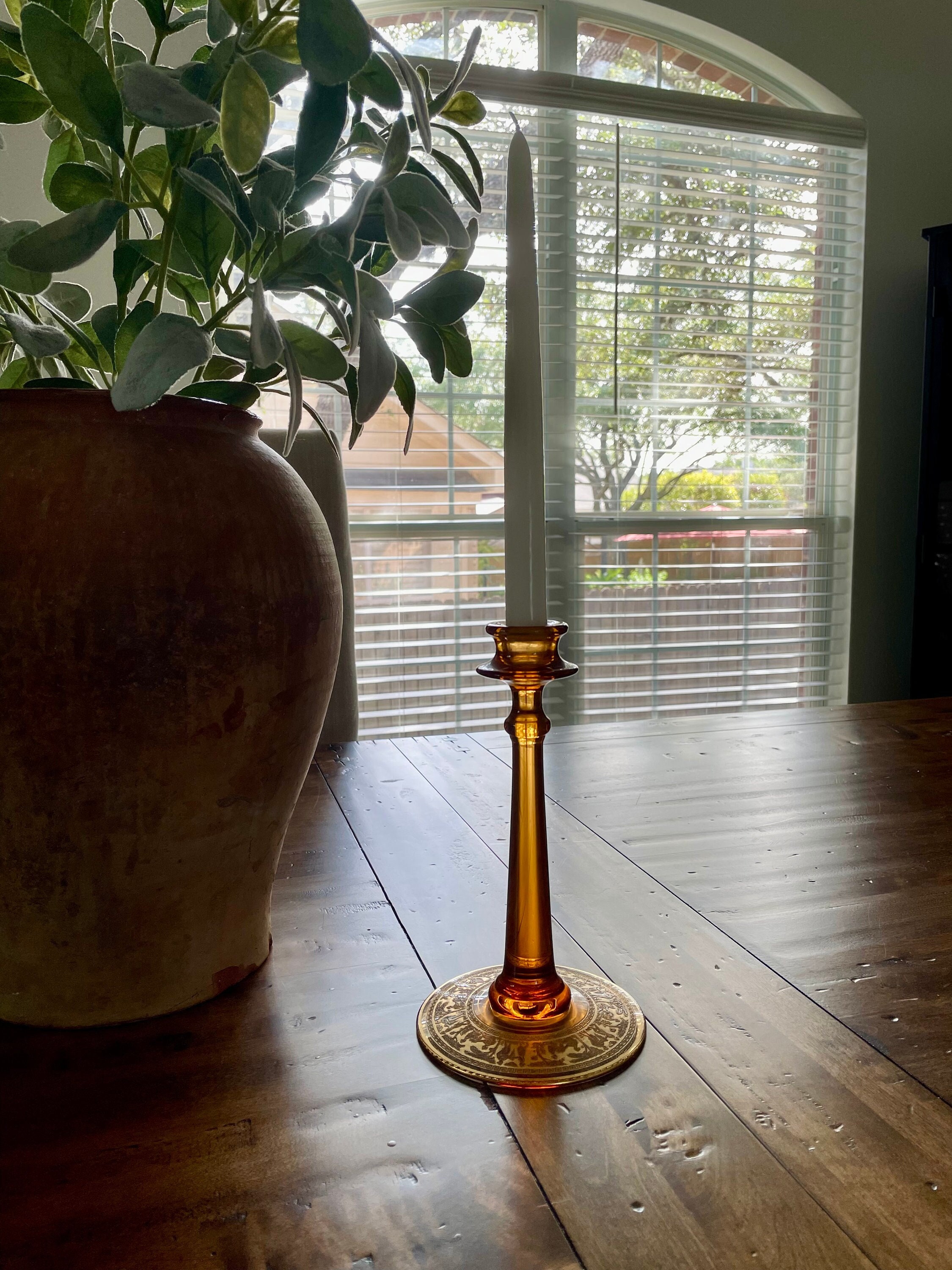 RARE Vintage Fostoria Etched Amber Glass Candlestick Holder Etsy