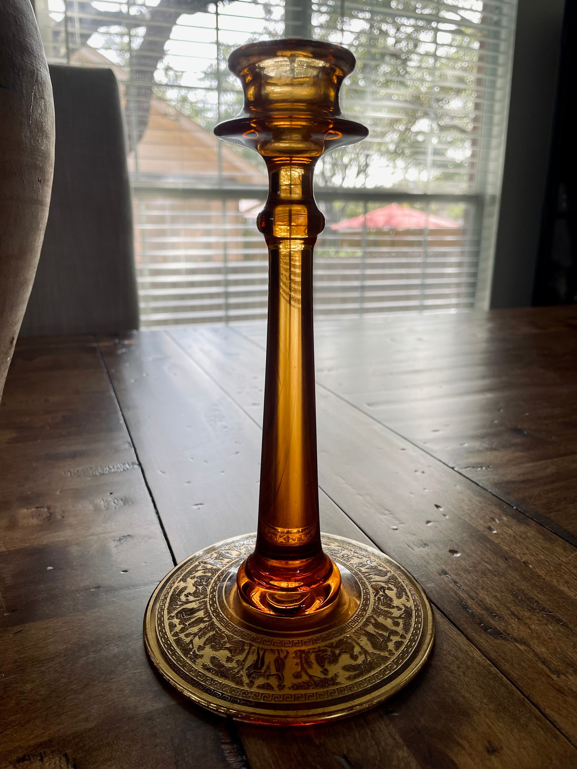 RARE Vintage Fostoria Etched Amber Glass Candlestick Holder Etsy