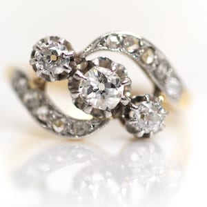 Antique ladies diamond gold ring 18kt – 750, yellow gold + white gold, total 1.1ct Rg: 58
