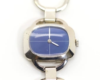 Reloj de pulsera vintage para mujer de plata de ley 925 con esfera azul y cuerda manual.