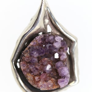 835 silver pendant + natural raw amethyst gemstone cluster, handmade