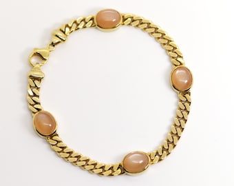 Classic 585 / 14kt yellow gold link bracelet + 4 rose quartz cabochons L: 20 cm