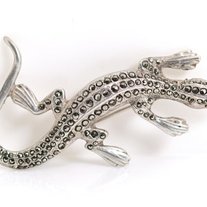Antique vintage 830 silver brooch + marcasites, lizard reptile, 5.75 cm