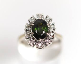 Bague Or Blanc 14 Carats – Tourmaline Verte Et Diamants, Taille 62, Vintage