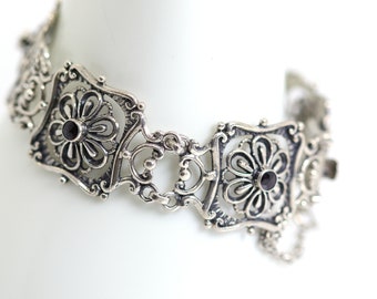 Vintage 835 silver traditional link bracelet + garnet gemstone, L: 17.5 cm