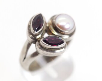 Antique / Vintage 925 Sterling Silver Ring, 3rd Stone; Garnet + Pearl, Rg: 61