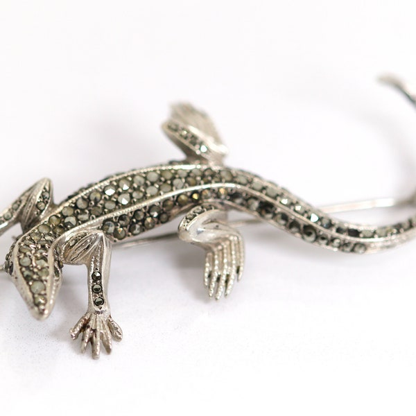 Broche vintage reptile en argent lézard + marcassites, L: 6,5 cm