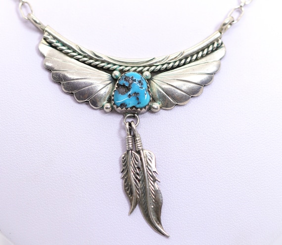 RB Sterling Silver Indian Necklace Turquoise Feather Cord