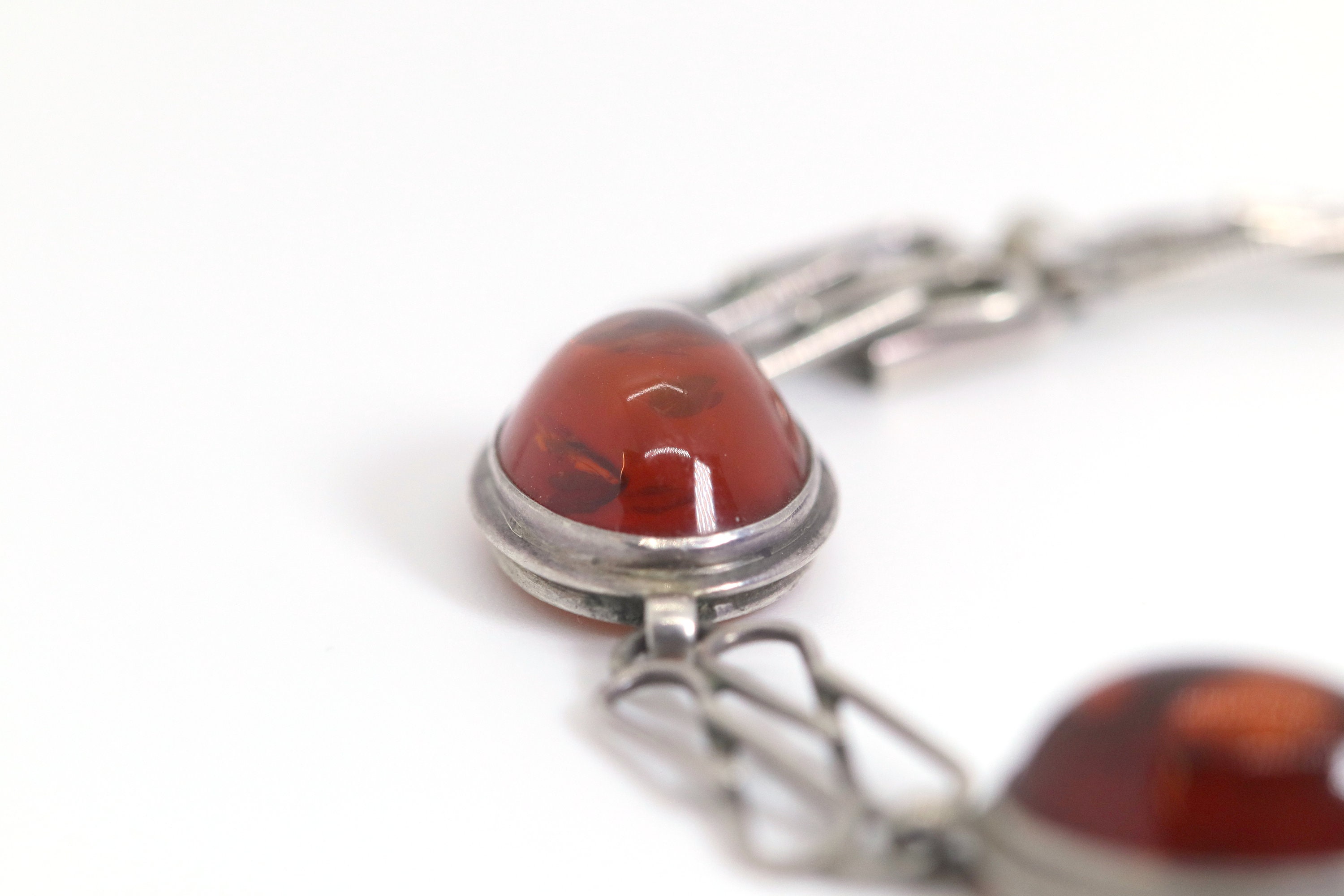 Bracelet Ancien En Argent Massif 925 Avec Cabochons D'ambre Naturel - Bon état Général