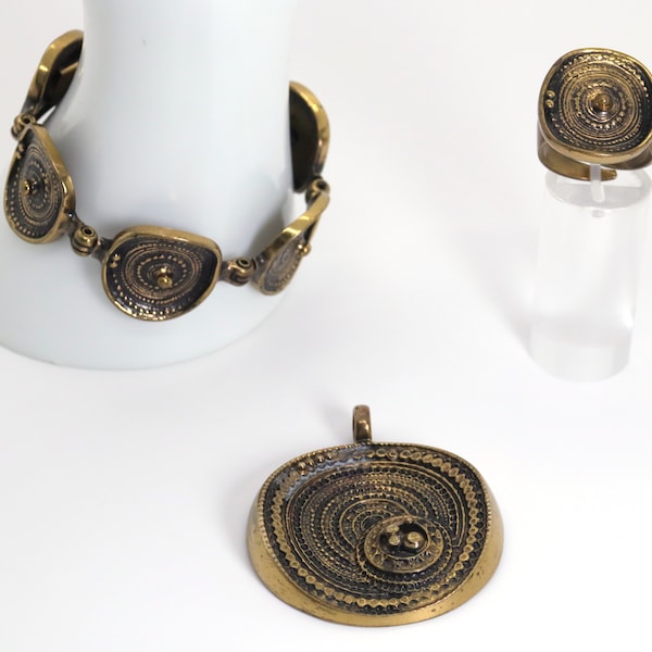 vintage Jorma Laine Finlande, ensemble en bronze design : bracelet, bague, pendentif