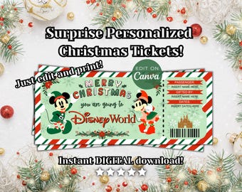 May include: Printable Christmas ticket for Disney World with a red and green striped border. The ticket features a cartoon image of Mickey Mouse and Minnie Mouse. The text on the ticket reads "Merry Christmas you are going to Disney World".