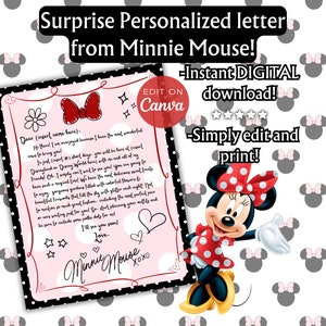 Carta editable de Minnie Mouse, Revelación de viaje, Personalizar e imprimir, Vacaciones sorpresa, Revelación de viaje al parque temático, Disneyland, Disneyworld