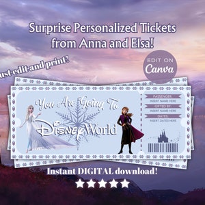 Biglietto per le vacanze a sorpresa, Download istantaneo, Biglietto per il parco a tema Florida, File digitale modificabile e stampabile, Disneyworld, Frozen