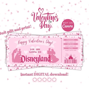 Überraschungs-Valentinstagsticket, sofortiger Download, Freizeitpark-Eintrittskarte, Überraschungsreise, bearbeitbare und druckbare digitale Datei, Disneyland offenbaren