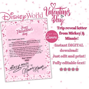 Surprise Valentine&#39;s Day Trip Letter From Mickey and Minnie, Instant Download, Theme Park, Editable & Printable, WDW Reveal